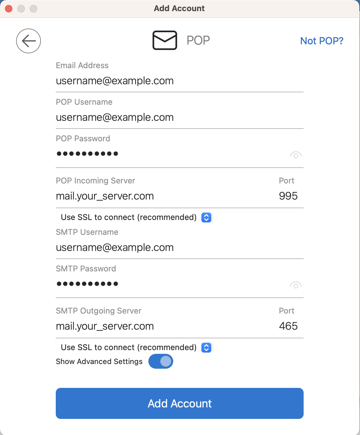 Add Account - POP Settings